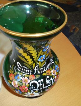Glasvase handbemalt grün  mit Blumen mit Aufschrift   " zum Andenken "  Mundgeblasen Bayrischer Wald - Plattling