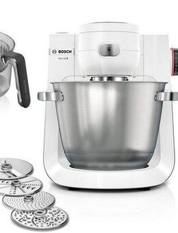 BOSCH Küchenmaschine Serie 6 MUMS6EW24D, Durchlaufschnitzler, Edelstahlschüssel, weiß, 1600 W, 5,5 l Schüssel, 7 Stufen, 4 Scheiben, Zitruspresse, Knethaken/Rühr-/Silikonbesen