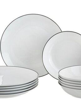 my home Tafelservice Madeline (12-tlg), 6 Personen, Porzellan, Geschirr, trendige Coupeform, handgemalte, schwarzes Liniendekor