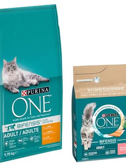 2,8 kg gratis! 2,8 kg + 9,75 kg PURINA ONE Trockenfutter - 9,75 kg Adult Huhn & Vollkorngetreide + 2,8 kg Lachs & Vollkorngetreide