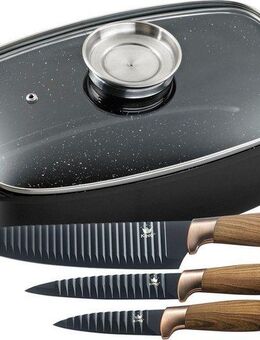 KING Bräter 5 Liter, Aluminiumguss (Set, 5-tlg., 3 Küchenmesser im Geschenketui), Aromaknopf, Induktion, mit Glasdeckel, Antihaft-Keramikbeschichtung