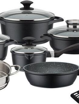 GSW Topf-Set Gourmet Granit, Aluminiumguss (Set, 11-tlg., Kochtopf 20/24, Stieltopf 16, 2 Pfannen 24cm, 1 Dämpfer, Pfannenwender), Induktion