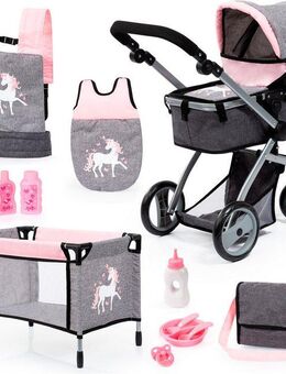 Bayer Puppenwagen Mega grau/rosa, (Set), mit Reisebett, Schlafsack, Wickeltasche und Zubehör