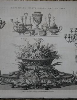 Alte Grafik : Surtout , candelabre et objets divers envoyes par M. Christofle , Exposition Universelle de Londres. , Blatt 36,5cm x 26,5cm , M70 - Görlitz