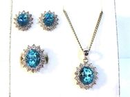 Schmuckset Modeschmuck: Kette + Anhänger + Ring + Ohrringe Strass hellblau weiß - NEU - Biebesheim (Rhein)