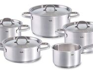 Fissler Topf-Set Family Line, Edelstahl 18/10 (Set, 9-tlg., 1 Bratentopf 20 cm, je 1 Kochtopf 16/20/24 cm, 1 Stielkasserolle 16cm), extra breiter Schüttrand