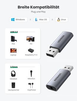 USB Externe Soundkarte TRRS UGREEN 2 in 1, USB Typ A, 4polige 3,5 mm Klinkenbuchse, Audioadapter für Windows, Mac, Linux,  Funktion mit Kopfhörer und Mikrofon am Desktop PC, Notebook, Laptop, PS4, Raspberry usw. - Fürth