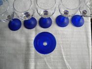 6 Kristallgläser,Buntglas,Blau,Klar,Gold,Alt,ca. 17 cm hoch,ca. -6 cm Dm. - Linnich