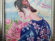 Japanisches Mädchen im Blumengarten, Ölbild eingerahmt - Mönchengladbach