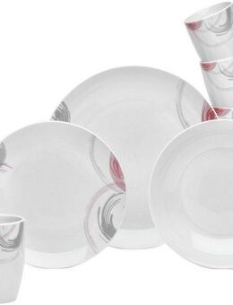 van Well Kombiservice Geschirr-Set Tonga, 16-teilig, weiß mit Randdekor (16-tlg), 4 Personen, Porzellan, mit Dekor in grau/rose/weinrot, spülmaschinen- und mikrowellengeeignet