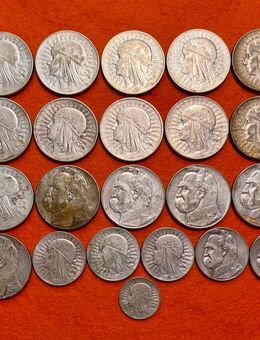 Polen 1932-1937: 16x 10 Zlotych, 5x 5 Zlotych, 2 Zlotych, 750er Silber, Königin Jadwiga + Jozef Pilsudski - Mannheim