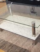 Couchtisch 12 mm Glasplatte und Ablage Marmor Optik Chrom Stollen in 52222