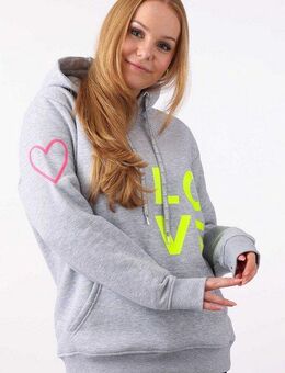 Zwillingsherz Kapuzensweatshirt mit gesticktem Neon Herz am Ärmel und "Love" Schriftzug auf Kordel