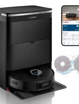 BOSCH Saugroboter Spotless Max Cam BCRDW3BX, rotierende Wischpads, 70°C Selbstreinigung, 60 W, mit Beutel, Datensicherheit, 11.000 Pa Saugkraft, Absaugstation, Kamera