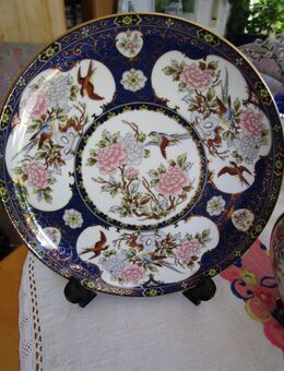 Porzellan Deko Vase und Teller Blau/Vergoldet und Vögel/Blüten (Made in Japan) - Weichs