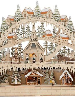 OTTO home LED Schwibbogen Deniz, mit Musikwerk (1-tlg), aus Holz mit LED Beleuchtung und bewegender Pyramide, Dorf im Gebirge