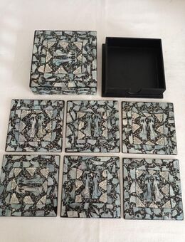 6 Perlmutt Untersetzer mit China Motiv eckig - inklusive Box mit Deckel 10x10cm - Essen