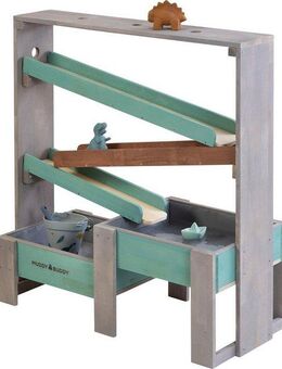 MUDDY BUDDY® Wasserbahn Aqua Tower, (stabile Wasserbahn aus massivem Zypressenholz gefertigt), inkl. 2 großer Auffangbecken, warmgrau-salbei