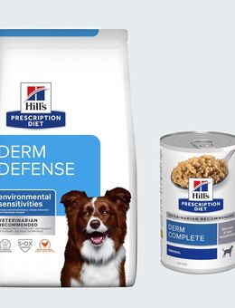 12 kg Hill's Prescription Diet + 3 x 370 g Derm Complete Nassfutter gratis! - Derm Defense mit Huhn