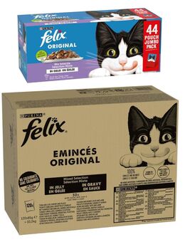 Jumbopack Felix + 44 x 85 g Pouches gratis! - 120 x 85 g Classic Fleisch- & Fisch-Mix + 44 x 85 g Original Lachs, Thunfisch, Rind, Huhn