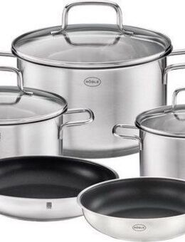 RÖSLE Topf-Set Basic Line, Edelstahl 18/10 (Set, 5-tlg., 1 Kochtopf Ø 16/20/24 cm, 1x Bratpfanne Ø 20 cm, 1x Bratpfanne Ø 28 cm), Töpfe mit Schüttrand und Pfannen mit Antihaftversiegelung, Induktion