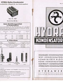Hydra Kondensatoren. Werbeprospekt 1937, Rh 8 - Sinsheim