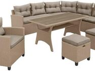 KONIFERA Gartenlounge-Set Keros Premium, (Set, 20-tlg., 2x 2er Sofa, 1x Ecke, 1x Sessel, 2x Hocker, 1x Tisch 145x75x67,5cm), Ecklounge, Polyrattan, Stahl, geeignet für 8 Personen, inkl. Auflagen