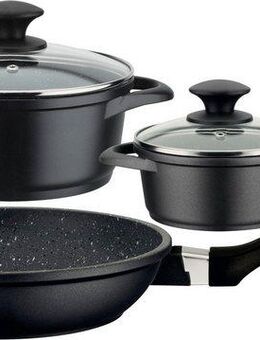GSW Topf-Set Gourmet Granit, Aluminiumguss (Set, 5-tlg., 1 Kochtopf 16 x H 7,5 cm, 1 Kochtopf 20 x H 9,0 cm, 1 Bratpfanne 24 cm), VITAFLON® GRANIT Antihaft-Versiegelung, Granit-Design, Induktion