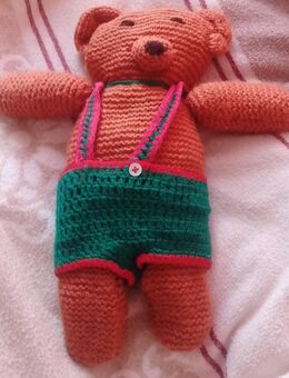 gehäkelter Teddybär, der eine grüne Latzhose trägt - Landau (Pfalz)