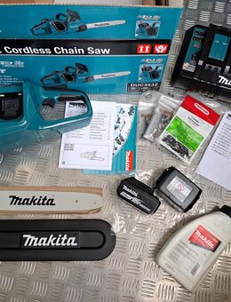Makita Akku Kettensäge DUC353 + 2 Stück Akkus 1850B + 3 Vollmeißel Sägeketten + Haft Öl + DC18RD, - neu unbenutzt - Erfurt