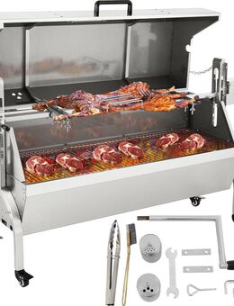 Premium Gewerbe Spanferkel Lammbräter elektrischer Drehspieß Grill BBQ Set Edelstahl-Holzkohlegrill Grillwagen Outdoor Camping Garten 127 cm - Wuppertal
