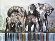 Elefantenherde am Wasser . Gemälde Mischtechnik Acryl Ölfarbe auf Leinwand im Keilrahmen - Berlin