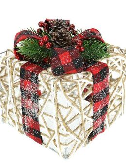 I.GE.A. Dekofigur Weihnachtsfigur Leuchtfigur LED-Geschenk mit Schleife (1 St), Geschenkpaket Schleife Tanne Beeren Zapfen Weihnachtsdeko beleuchtet