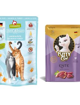 6 x 85 g GranataPet DeliCatessen Pouch + 85 g KITTY Cat Paté Ente gratis! - Lachs & Pute