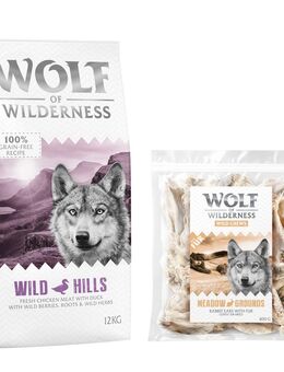 Wolf of Wilderness Kombi-Paket: Adult Trockenfutter + 3 x Kaninchenohren mit Fell Snacks - 12 kg Wild Hills - Ente + 3 x 400 g Snacks