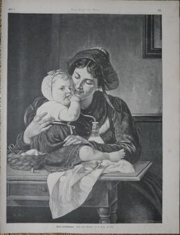 Alte Grafik : Beim Frühschoppen. , Nach dem Gemälde von R. Epp. , Mutter und Kind , Blatt 36cm x 27,5cm - Görlitz