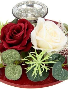 I.GE.A. Teelichthalter Mit Glaseinsatz und Teelichtkerze, künstlichen Rosen Eukalyptus (1 St), Kerzenständer Kerzenhalter Tischdeko Kerzen Muttertag Valentinstag