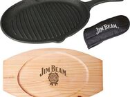 Jim Beam BBQ Grillpfanne, Gusseisen (Set, 3-tlg), inkl. Holzuntersetzer und Griffüberzug