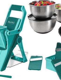 Genius Zerkleinerer Edelstahl-Schüsseln mit Deckeln inkl. Nicer Dicer Mando, zum Aufbewahren, Zubereiten und Transportieren von Speisen