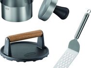 RÖSLE Burgerpresse Barbecue Burger Set All-In-One, Edelstahl 18/10, Gusseisen, 3-tlg., Burgerpresse PRO, BBQ-Gewicht und Burger Wender