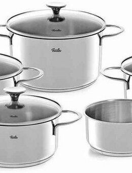 Fissler Topf-Set Copenhagen, Edelstahl 18/10 (Set, 9-tlg., Bratentopf 20 cm, je 1 Kochtopf 16/20/24 cm, Stielkasserolle 16 cm), Töpfe mit Glasdeckel, Mess-Skala, Induktion, backofengeeignet