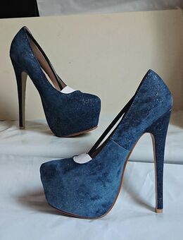 Gr. 37, sexy High Heels Plateau Pumps, Jeans dunkelblau, GLITZER - Bruchköbel