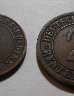 Münzen Weimarer Republik 2 Rentenpfennig 1923 A + 1 Reichspfennig 1924 J - Cottbus