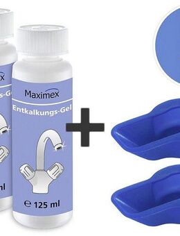 Maximex Reinigungs-Set Anti-Kalk-Caps und Entkalkungsgel, für Wasserhähne, Armaturen, Kacheln, Duschköpfe, je 125 ml, Zitrusduft