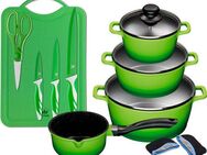 KING Topf-Set ALUGUSS, Aluminiumguss (Set, 14-tlg., je 1 Kochtopf 16/20/24 cm, 1 Stieltopf 16 cm, Schneidebrett mit Messer), Glasdeckel, Induktion,Keramikantihaftbeschichtung