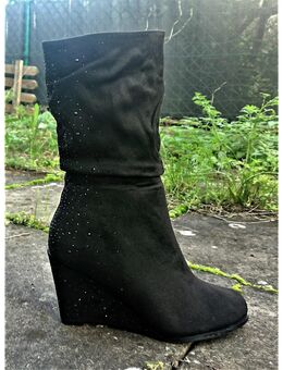 Gr. 36, High Heels Keil Stiefeletten schwarz m. Glitzer Steinchen - Bruchköbel