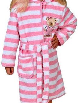 Wörner Kinderbademantel Teddy Ringel rosa, Langform, Baumwoll-Webfrottier, Kapuze, Gürtel, Streifenmuster, mit Stickerei, mit Tasche, maschinenwaschbar