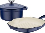 GSW Topf-Set Blue Magic, Gusseisen (Set, 3-tlg., 1x Kochtopf mit Deckel Ø 20 cm, 1x Grillpfanne 27 x 27 cm), Dunstzapfen im Deckel zum Garen im eigenen Saft, Induktion