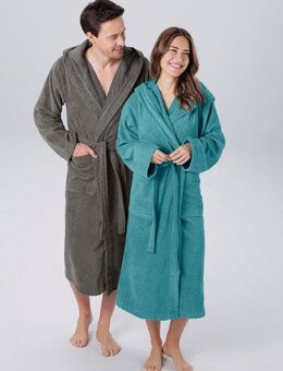 my home Unisex-Bademantel Regona, ideal für Sauna & Spa, Hotelbademantel, Morgenmantel, Langform, Veloursfrottier, Kapuze, Gürtel, für Damen & Herren, mit Taschen, flauschig und weich, Velours