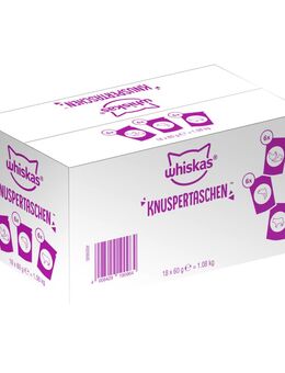 Whiskas Knuspertaschen Mixkarton - 3 Varianten: Huhn & Käse, Rind, Lachs (18 x 60 g)